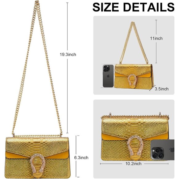 ⚡ Women's Yellow Snake Vegan Leather Print Casual Satchel Crossbody Handbag - Picture 5 of 7